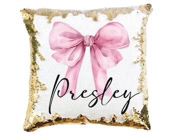 Coquette Sequin Pillow: Custom Pink Bow Cushion for Holiday Decor or Gift