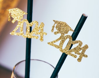 2024 Graduation Party Straws Set of 10 - Black & Gold Glitter with Cap Cutout, High School and College Grad Gift and Decor