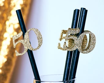 50th Birthday Party Straws: Gold Glitter Decorations, Set of 10