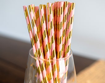 Blush Pink & Gold Party Straws - Metallic Gold Stripe, Peach Accents - Elegant Bridal Shower Decor and Party Supplies