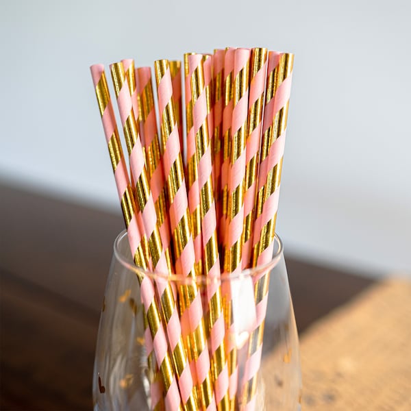 Blush Pink & Gold Party Straws - Metallic Gold Stripe, Peach Accents - Elegant Bridal Shower Decor and Party Supplies