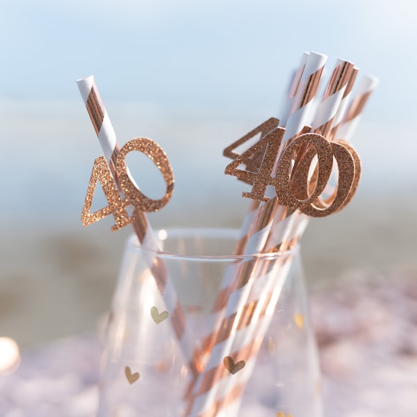 40th Birthday Party Decorations, 40th Birthday Party Straws, 40th Birthday decoration straws, 40th Birthday for her, Rose gold 40th party