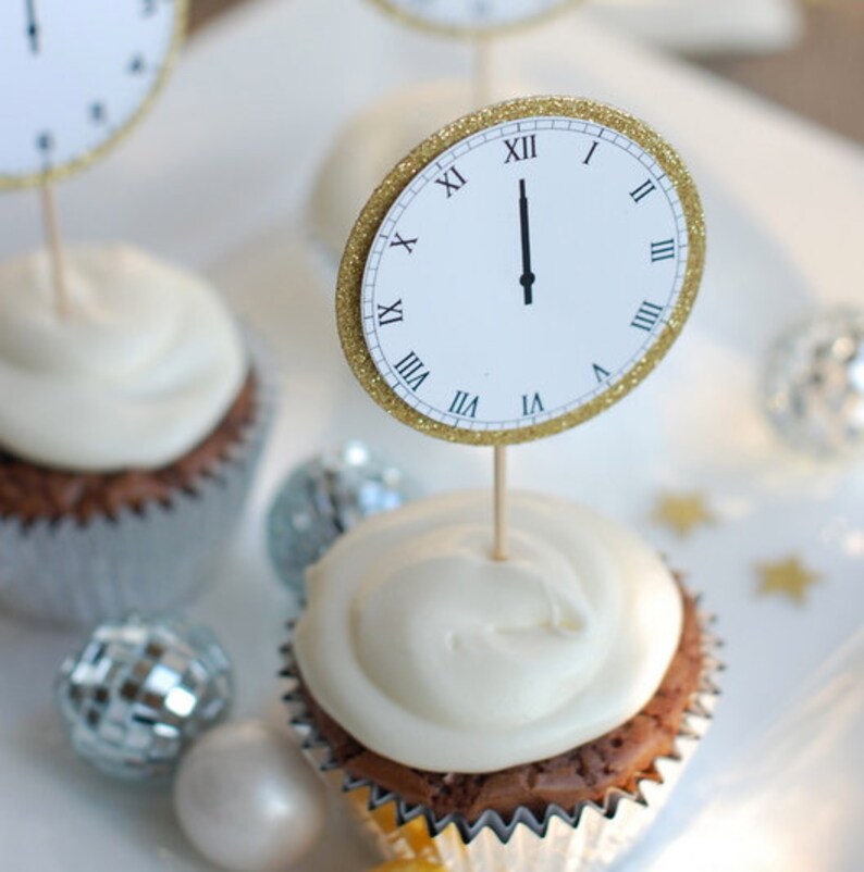 New Year's Eve Midnight Clock Cupcake Toppers, New Years Party Decorations, Clock Cupcake Topper, Clock Cupcake Picks, SET of 12 image 2