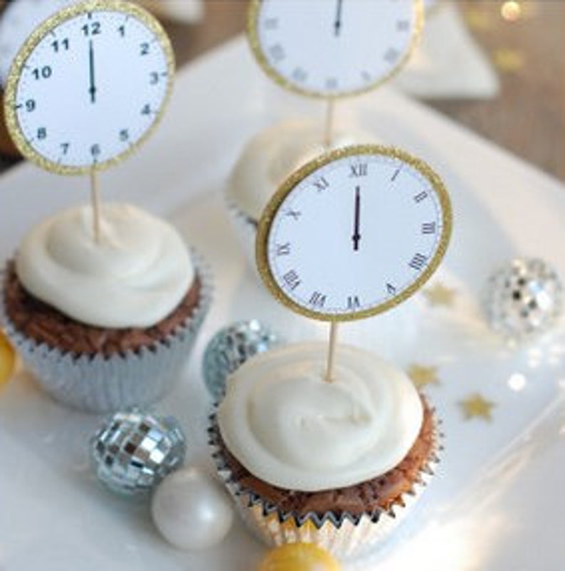 New Year's Eve Midnight Clock Cupcake Toppers, New Years Party Decorations, Clock Cupcake Topper, Clock Cupcake Picks, SET of 12 image 3