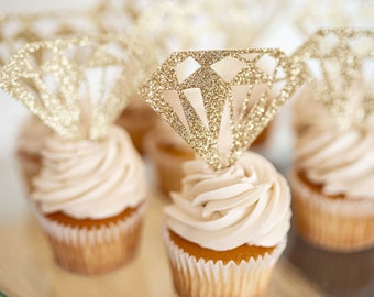 Gold Glitter Diamond Cupcake Toppers: Bridal Shower Decor (Set of 12)