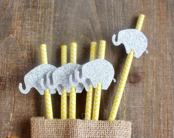 Elephant Baby Shower Party Straws - Elephant Shower Decorations - Gender Reveal Baby Shower - Yellow and Grey Baby Shower - Yellow Elephant