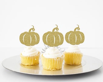 Pumpkin Cupcake Toppers, Pumpkins, 1st Birthday Decorations, Set of 12.