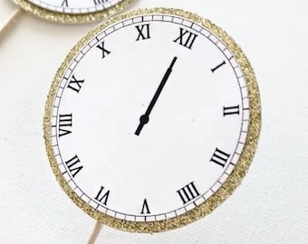 New Year's Eve Glitter Clock Cupcake Toppers - Set of 12