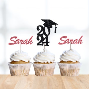 Class of 2024 Custom Cupcake Toppers - Gold Graduation Party Decor - Personalized Cupcake Picks for Grad Celebration