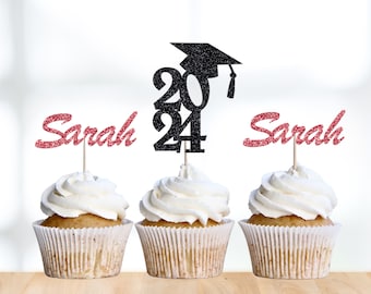 Class of 2024 Custom Cupcake Toppers - Gold Graduation Party Decor - Personalized Cupcake Picks for Grad Celebration