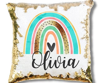 Rainbow Sequin Pillow Cover, Mermaid Sequin Christmas Gift for Granddaughter, Custom Sequin Pillow Case, Personalized Pillow Gift for Girls