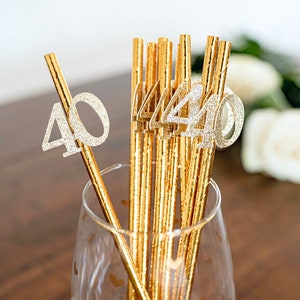 40th Birthday Party Decorations, 40th Birthday Metallic Gold Party Straws, 40 and Fab Party Favors, Gold Party Straws,