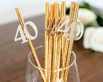 40th Birthday Party Decorations, 40th Birthday Metallic Gold Party Straws, 40 and Fab Party Favors, Gold Party Straws,