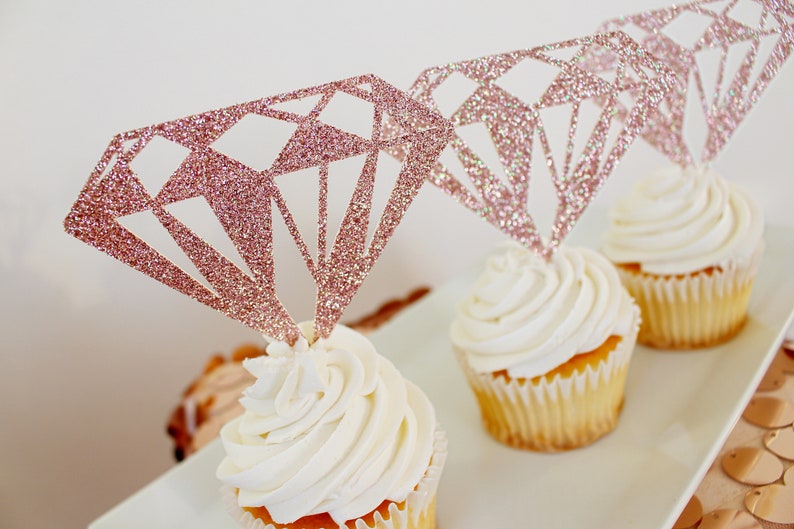 Diamond Cupcake Topper, Diamond Donut Topper, Bridal Shower Decorations, Engagement Party Decorations, Rose Gold Cupcake Toppers 