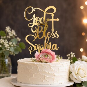 Personalized God Bless Cake Topper for Baptism Christening First Communion Baby Shower Religious Party