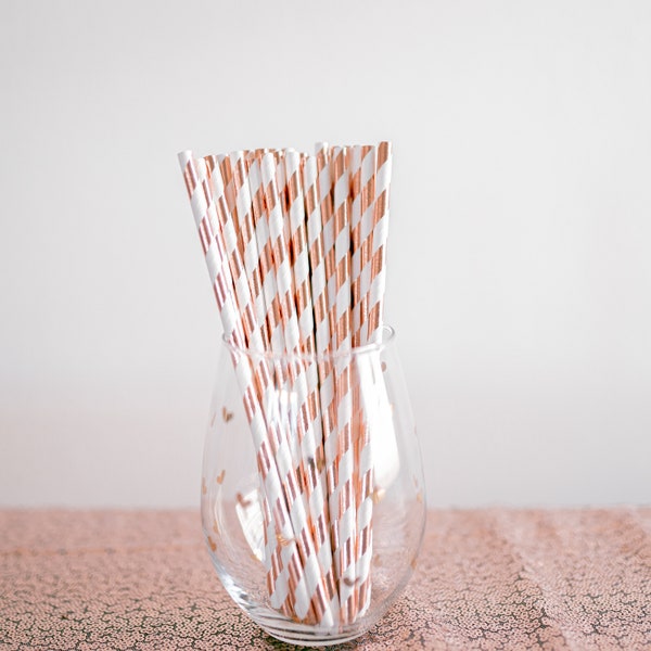 Rose Gold Party Supplies, Rose Gold and White Straws, Rose Gold Birthday Favors, Rose Gold Paper Straws