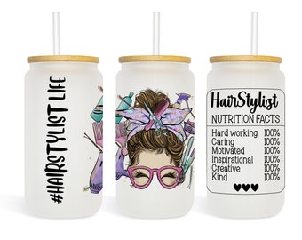 Hair Stylist Gift, 16oz Frosted Glass Tumbler, Iced Coffee Tumbler, Messy Bun Day, Mason Jar with Bamboo Lid, Unique Gift for Her