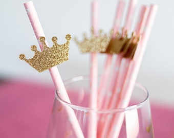 Pink and Gold Princess Crown Party Straws - Elegant Birthday Decorations - Regal Princess-Themed Birthday Party Straws