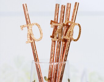 70th Birthday Rose Gold Straws, Milestone Party Favors, Glitter Table Décor