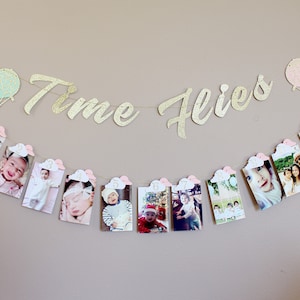 Time Flies 1st Birthday Banner – Customizable Hot Air Balloon Photo Garland – Unique Milestone Party Decoration