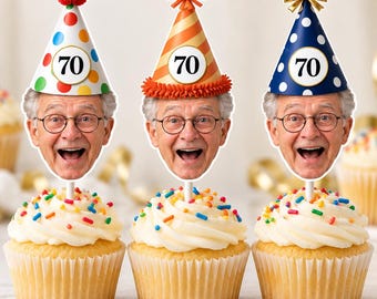 Custom Face 70th Birthday Cupcake Toppers: Personalized Party Decor