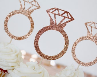 Ring Cupcake Topper, Rose Gold, Bridal Shower Cupcake Toppers, Engagement Party Decorations, Bridal Shower Decorations, SET of 12