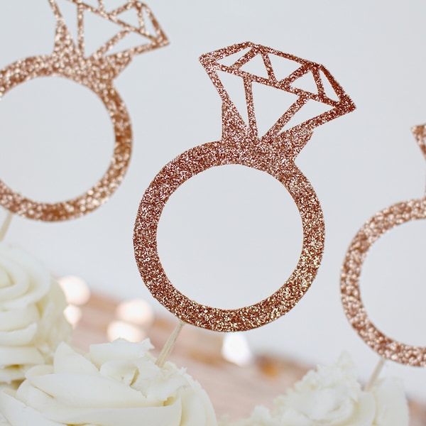 Ring Cupcake Topper, Rose Gold, Bridal Shower Cupcake Toppers, Engagement Party Decorations, Bridal Shower Decorations, SET of 12