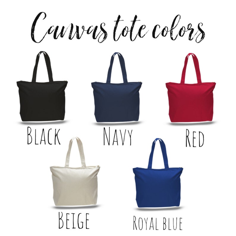 May include: Five canvas tote bags in different colors: black, navy, red, beige, and royal blue.  Canvas tote colors.