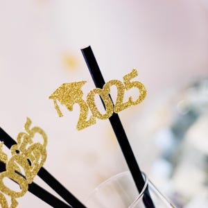 2025 Graduation Party Straws: Black & Gold Glitter, Set of 10