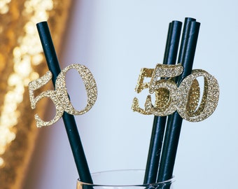 50th Birthday Black and Gold Party Straws, Gold Glitter Decorations - Set of 10 Gift & Decor, Golden Birthday Party Supplies