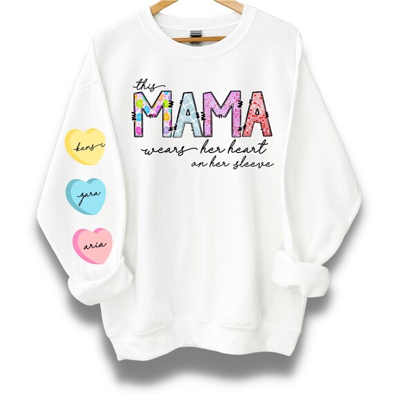 This Mama Wears Her Heart on Her Sleeve Customized Sweatshirt for Mom, Unique Gift for Mothers Day, Soft Cozy Casual Sweatshirt Il_570xn