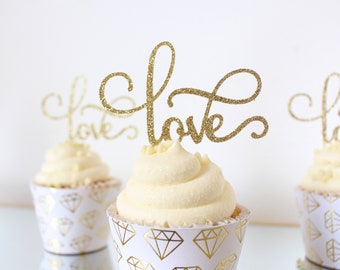 Love Glitter Cupcake Toppers: Wedding & Bridal Shower Decorations (Set of 12)