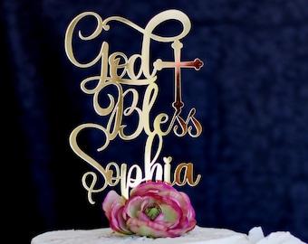 Personalized God Bless Cake Topper: Baptism, Christening, Communion