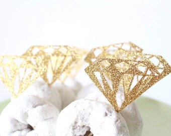 Gold Glitter Diamond Cupcake Topper, Diamond Donut Topper, Bridal Shower Decorations, Engagement Party Decorations