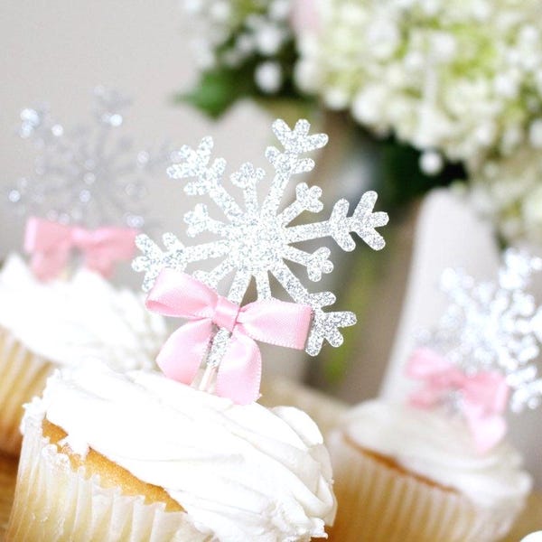 Snowflake Cupcake Toppers: Iridescent Winter Party Decorations - Set of 12