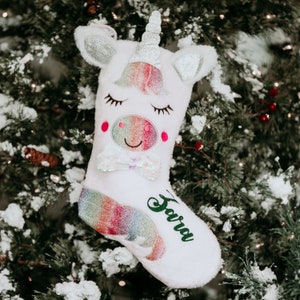 Personalized Unicorn Christmas Stocking: Glitter Name, Girl&#39;s Holiday Decor
