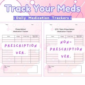May include: Two pink medication tracker sheets with the text "Track Your Meds" and "Daily Medication Trackers." One sheet is labeled "Prescription Medication Tracker" and the other "OTC/Non-Prescription Medication Tracker."