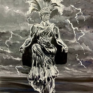 May include: A black and white painting depicting a woman wearing a crown of feathers, seated on a throne. The woman is surrounded by lightning bolts and clouds.