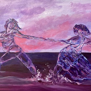 May include: Two figures, painted in shades of purple and pink, appear to be running through water. The figures are semi-transparent, with their forms dissolving into the water. The background is a purple sky with pink clouds.
