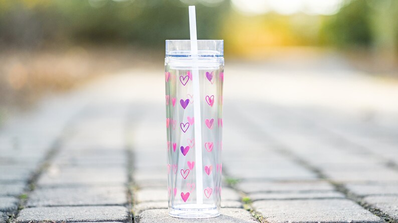 16 oz. Pink Holographic Heart Tumbler Double Wall Skinny Tumbler Valentine's Day Gift Valentine for Her Iced Coffee FREE SHIPPING image 1