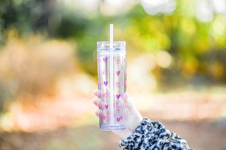 16 oz. Pink Holographic Heart Tumbler Double Wall Skinny Tumbler Valentine's Day Gift Valentine for Her Iced Coffee FREE SHIPPING image 3