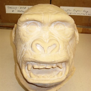 May include: A light beige gorilla mask with an open mouth, showing teeth. The mask has detailed facial features and is likely made of a durable material. The mask is a prop for costumes or theatrical use.