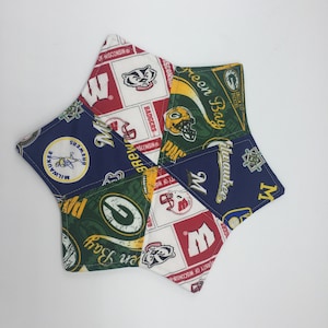 May include: A multi-colored fabric pot holder with a patchwork design featuring the logos of the Green Bay Packers, Milwaukee Brewers, and University of Wisconsin Badgers. The fabric is a mix of green, white, red, blue, and yellow.