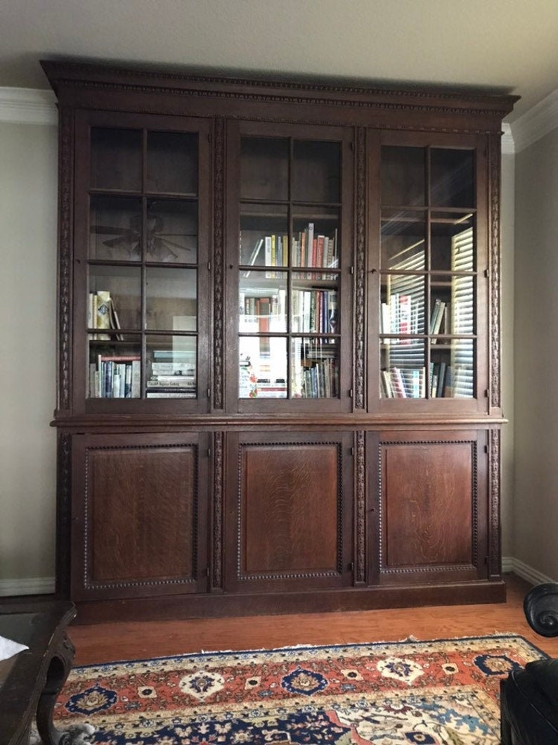 Huge English Oak Bookcase 106 X 93 Glass Doors Impressive Etsy