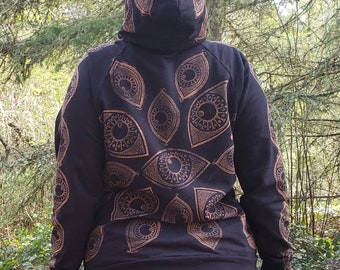 Eyeball Pattern Bleach Block Printed Black Zip up Hoodie *made-to