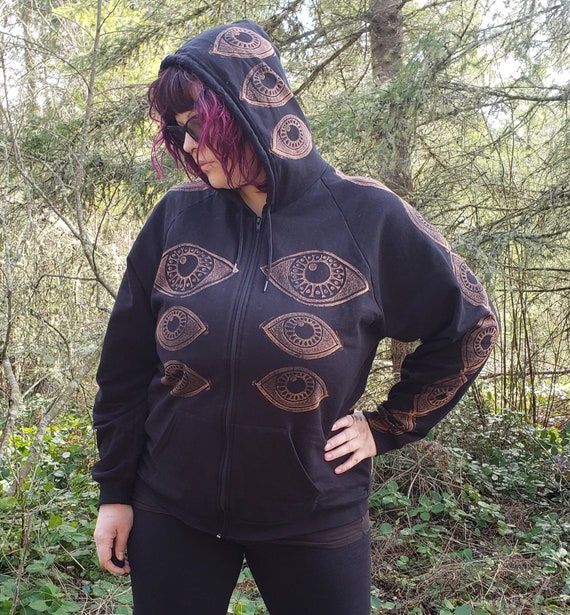 Eyeball Pattern Bleach Block Printed Black Zip up Hoodie