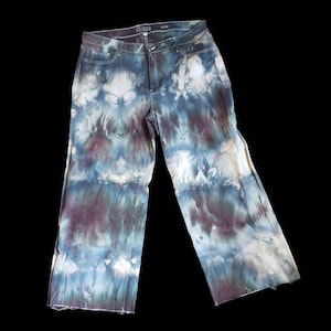 22W Tie Dye Denim Raw Hem Wide Leg Jeans Blue Grey Purple