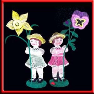 Bobbin lace pattern Flower children Hubrig with daffodil and marigold