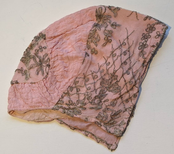 Antique Victorian pink embroidered hat bonnet