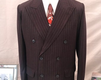 Caballeros doble pecho Chocolate Brown Chalk stripe Franela CC41 traje